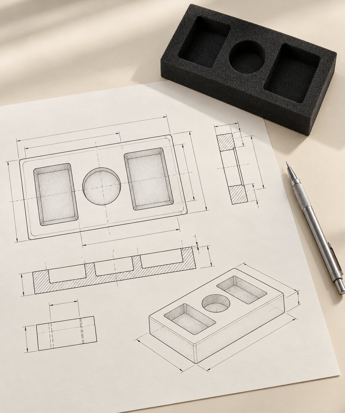 Mekanik parçanın ölçülendirilmiş teknik çizim render'ı